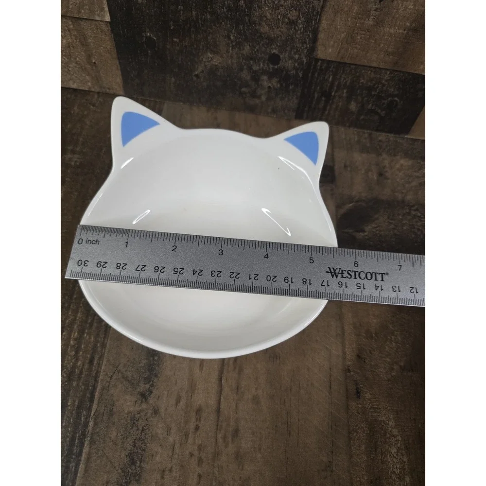 White Ceramic Cat Shaped Pet Bowl Blue Ears Sleeping Face Whisker Friendly Dish